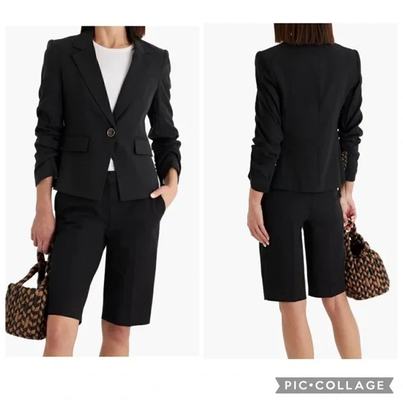 Veronica Beard Aaliyah Linen Black Dickey Blazer Jacket Ruched sleeves, Sz 8 - Picture 3 of 14